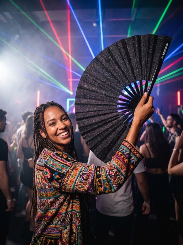Festival Fan, czarny z brokatem, eleganckie akcesorium na Rave i CSD