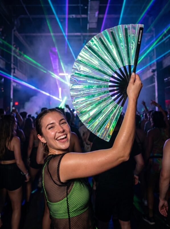 Festival Fan, holograficzny zielony, opalizujące akcesorium na Rave