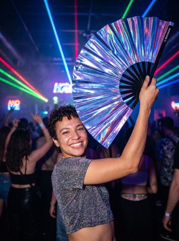 Festival Fan, holograficzny, niebiesko-fioletowy metaliczny, akcesorium na Rave