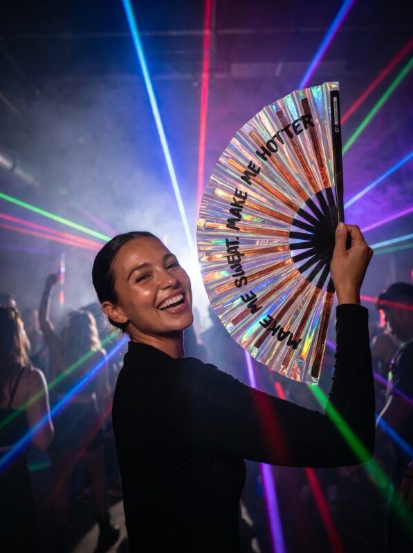Festival Fan „MAKE ME SWEAT”, holograficzny, w kolorze różowego złota, w stylu Rave