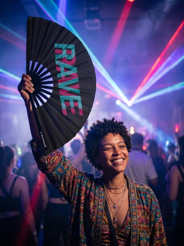 Festival Fan „RAVE”, czarny, turkusowo-różowy, akcesorium w stylu Techno i Rave