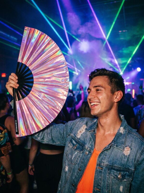 Festival Fan, holograficzny różowy, opalizujące akcesorium w stylu Pride